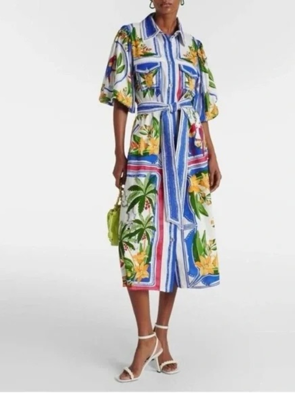 Farm Rio Tropical Print Shirt Dress in White and Blue